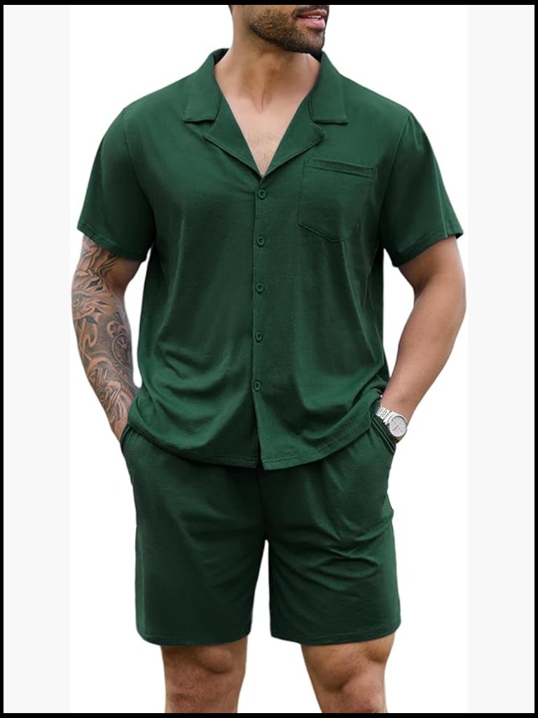 Cotton Pajama Set With Short Sleeve Button Down Top And Pockets